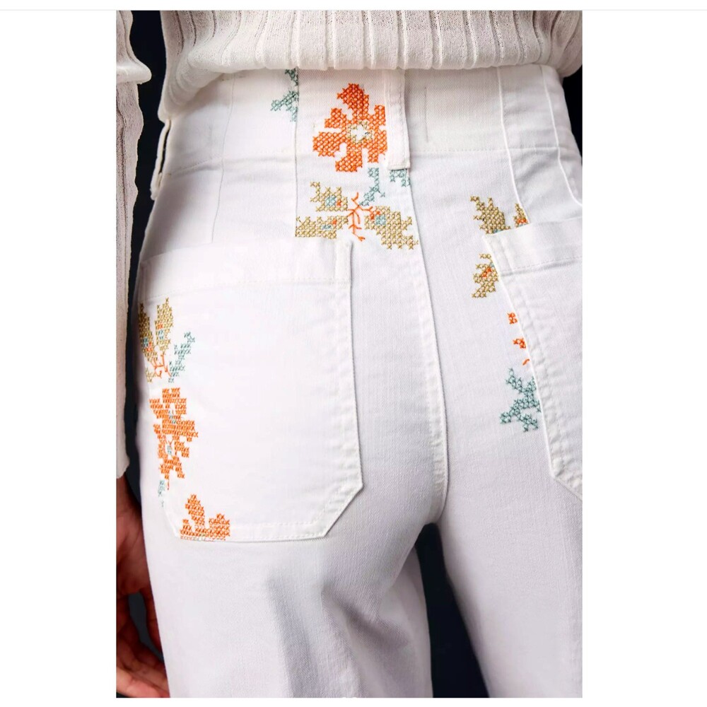 Maeve Anthropologie Colette Jeans 30 White Floral Embroidered Crop Wide Leg Boho - Picture 4 of 16